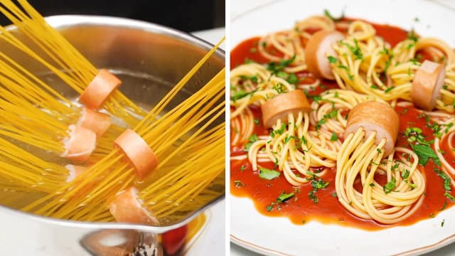 Parówki z makaronem spaghetti – łatwy przepis na pyszne danie Parówki z makaronem spaghetti – łatwy przepis na pyszne danie
